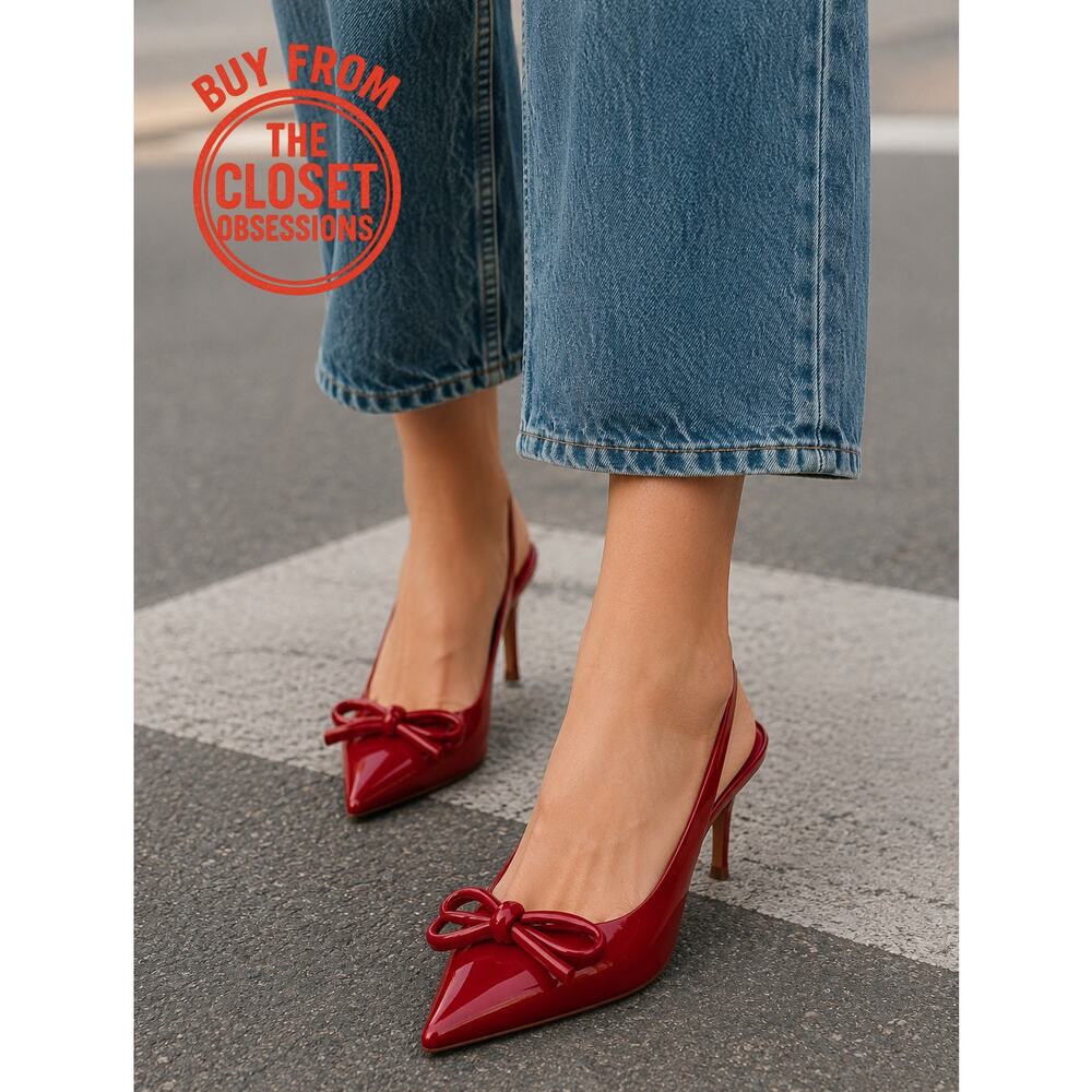 ZARA Patent Bow Slingback Heels NWT Burgundy Pointed Toe Pumps